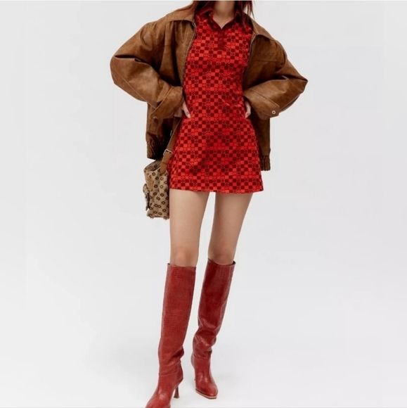 Urban Outfitters Red and Brown Floral Polo Collar Short Sleeve Mini Dress Size S - Picture 1 of 8